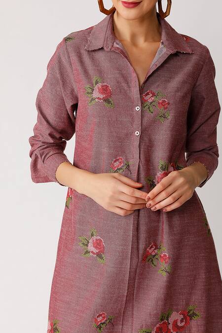 Payal Pratap_Purple Chambray Cotton Spread Collar Embroidered Tunic  _at_Aza_Fashions