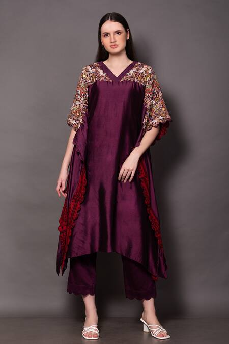 Vara By Vibha N Priti Purple Silk, Chanderi Embroidery, Beads V-neck Kaftan And Pant Set Online at Aza Fashions Vara By Vibha N Priti_Purple Silk, Chanderi Embroidery, Beads V-neck Kaftan And Pant Set _Online_at_Aza_Fashions