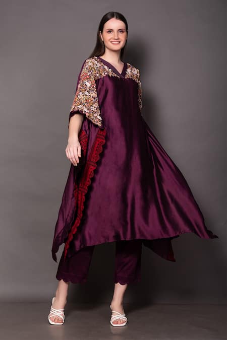 Buy Vara By Vibha N Priti Purple Silk, Chanderi Embroidery, Beads V-neck Kaftan And Pant Set Online at Aza Fashions Buy_Vara By Vibha N Priti_Purple Silk, Chanderi Embroidery, Beads V-neck Kaftan And Pant Set _Online_at_Aza_Fashions