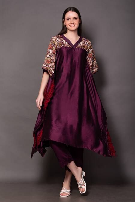 Shop Vara By Vibha N Priti Purple Silk, Chanderi Embroidery, Beads V-neck Kaftan And Pant Set Online at Aza Fashions Shop_Vara By Vibha N Priti_Purple Silk, Chanderi Embroidery, Beads V-neck Kaftan And Pant Set _Online_at_Aza_Fashions