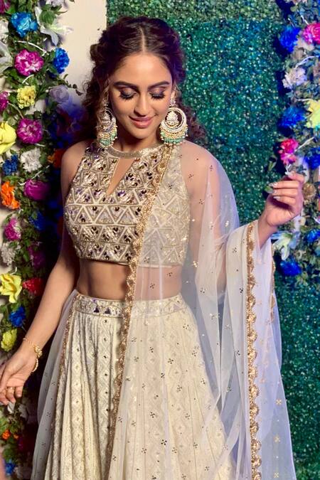 Aaryaa By Kashveen Kohli Off White Georgette, Net Mirrors, Embroidery Round Neck Hand Blouse Lehenga Set Online at Aza Fashions Aaryaa By Kashveen Kohli_Off White Georgette, Net Mirrors, Embroidery Round Neck Hand Blouse Lehenga Set _Online_at_Aza_Fashions
