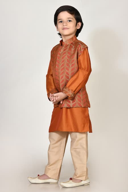 Buy Petite Pomme Brown Cotton, Silk Embroidery Rust Jacquard Bundi And Kurta Set Online at Aza Fashions Buy_Petite Pomme_Brown Cotton, Silk Embroidery Rust Jacquard Bundi And Kurta Set _Online_at_Aza_Fashions