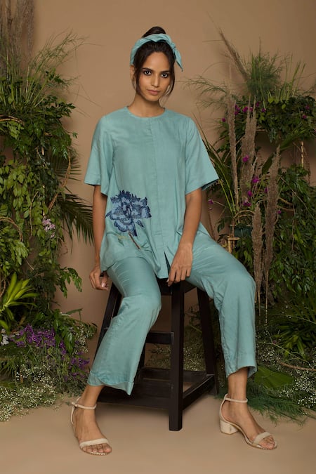 Shop Samatvam By Anjali Bhaskar Blue Cotton, Aloe Vera Fabric Round Hand Embroidered Pant Set at Aza Fashions Shop_Samatvam By Anjali Bhaskar_Blue Cotton, Aloe Vera Fabric Round Hand Embroidered Pant Set _at_Aza_Fashions