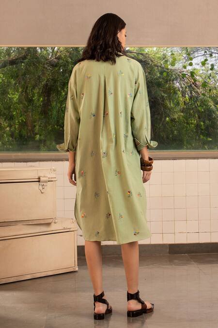 Shop Payal Pratap Green Handloom Cotton Band Collar Embroidered Tunic at Aza Fashions Shop_Payal Pratap_Green Handloom Cotton Band Collar Embroidered Tunic _at_Aza_Fashions