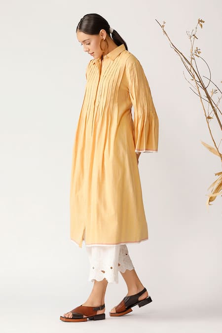 Payal Pratap_Yellow Handloom Cotton Shirt Collar Pleated Tunic _Online_at_Aza_Fashions