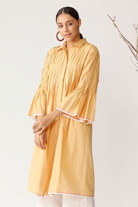 Buy_Payal Pratap_Yellow Handloom Cotton Shirt Collar Pleated Tunic _Online_at_Aza_Fashions