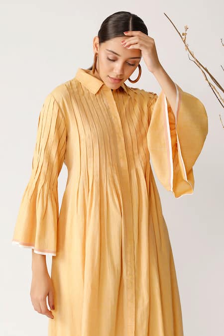 Shop_Payal Pratap_Yellow Handloom Cotton Shirt Collar Pleated Tunic _Online_at_Aza_Fashions