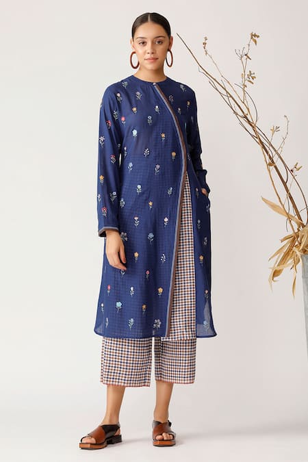 Shop Payal Pratap Blue Handloom Cotton Round Tunic at Aza Fashions Shop_Payal Pratap_Blue Handloom Cotton Round Tunic _at_Aza_Fashions
