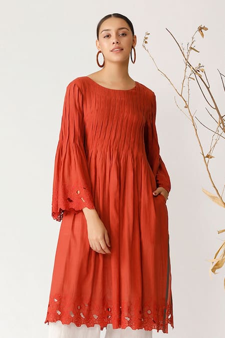 Buy Payal Pratap Red Cotton Round Pleated Tunic Online at Aza Fashions Buy_Payal Pratap_Red Cotton Round Pleated Tunic _Online_at_Aza_Fashions