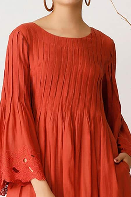 Payal Pratap Red Cotton Round Pleated Tunic at Aza Fashions Payal Pratap_Red Cotton Round Pleated Tunic _at_Aza_Fashions