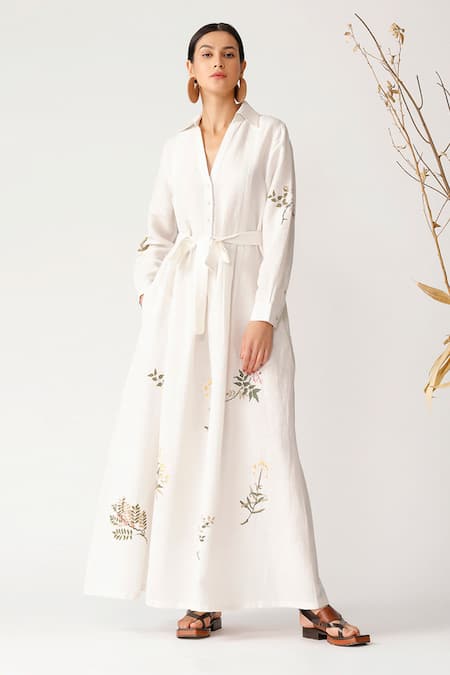 Payal Pratap Beige Linen V Neck Embroidered Dress