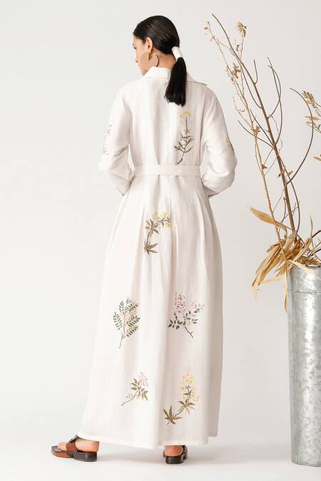 Shop Payal Pratap Beige Linen V Neck Embroidered Dress at Aza Fashions Shop_Payal Pratap_Beige Linen V Neck Embroidered Dress _at_Aza_Fashions