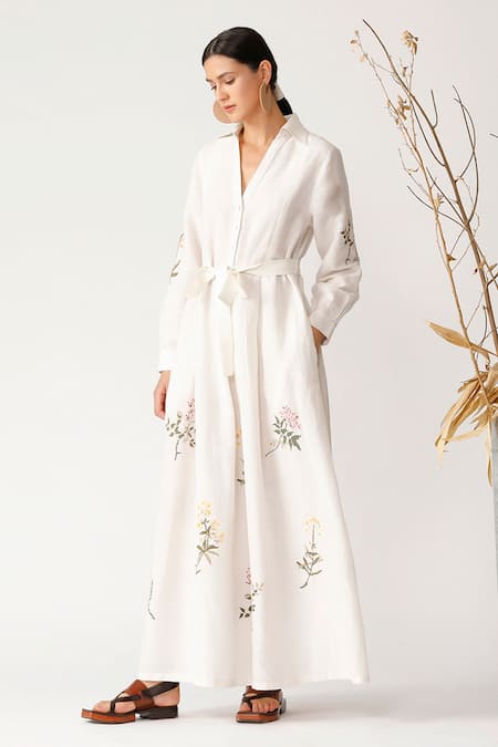 Payal Pratap Beige Linen V Neck Embroidered Dress Online at Aza Fashions Payal Pratap_Beige Linen V Neck Embroidered Dress _Online_at_Aza_Fashions