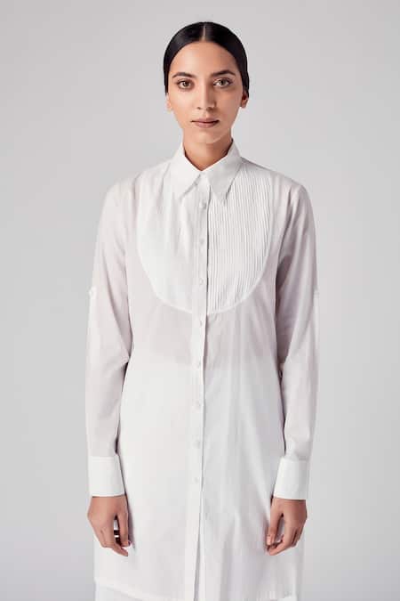 Shop Rajesh Pratap Singh White Cotton Shirt Collar Gagwana Tunic Online at Aza Fashions Shop_Rajesh Pratap Singh_White Cotton Shirt Collar Gagwana Tunic _Online_at_Aza_Fashions