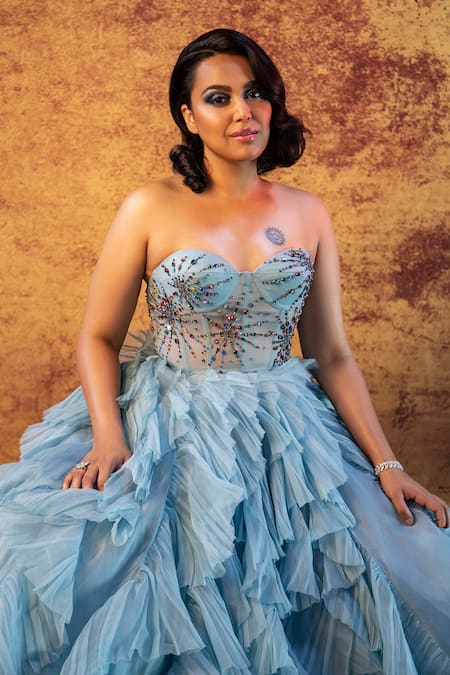 Buy Anjali Kanwar Blue Pure Silk Organza Stardust Sweetheart Neck Sheer Ruffle Gown Online at Aza Fashions Buy_Anjali Kanwar_Blue Pure Silk Organza Stardust Sweetheart Neck Sheer Ruffle Gown _Online_at_Aza_Fashions