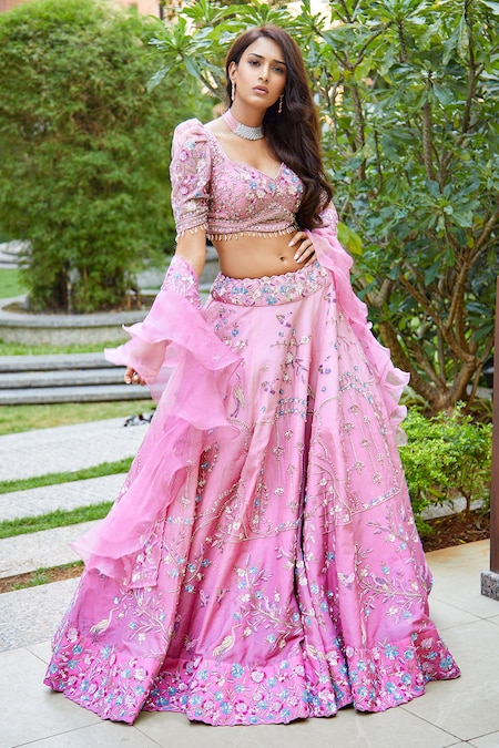 Sonia Bansal - Pink Net Embroidered Zardozi Work Floral Bridal Lehenga Set  For Women