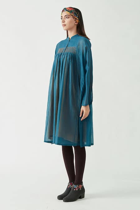 Payal Pratap_Blue Cotton Silk Band Sienna Smocking Tunic  _Online_at_Aza_Fashions
