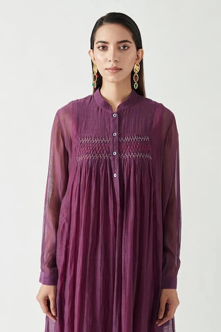 Shop_Payal Pratap_Purple Cotton Silk Band Rafael Smocking Tunic  _Online_at_Aza_Fashions