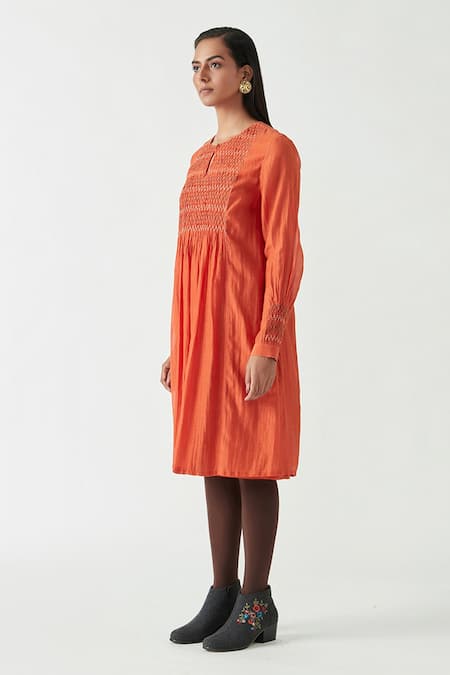 Buy_Payal Pratap_Orange Cotton Silk Round Audrina Smocking Tunic  _Online_at_Aza_Fashions