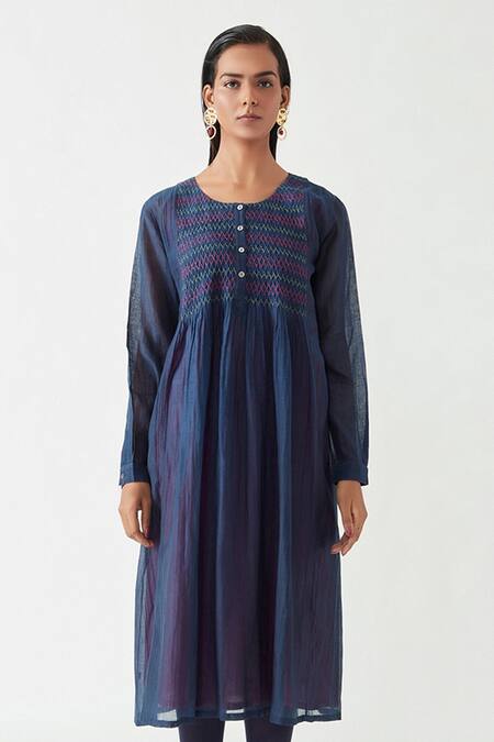 Shop_Payal Pratap_Blue Cotton Silk Round Amber Smoking Tunic  _Online_at_Aza_Fashions