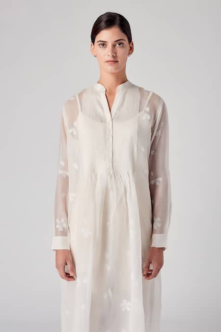 Shop_Rajesh Pratap Singh_White Glass Cotton Hand-block Floral Motifs Mandarin Collar Unai Printed Tunic _Online_at_Aza_Fashions