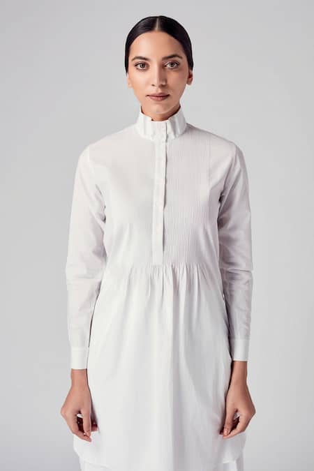 Shop_Rajesh Pratap Singh_White Cotton High Neck Nandla Tunic _Online_at_Aza_Fashions