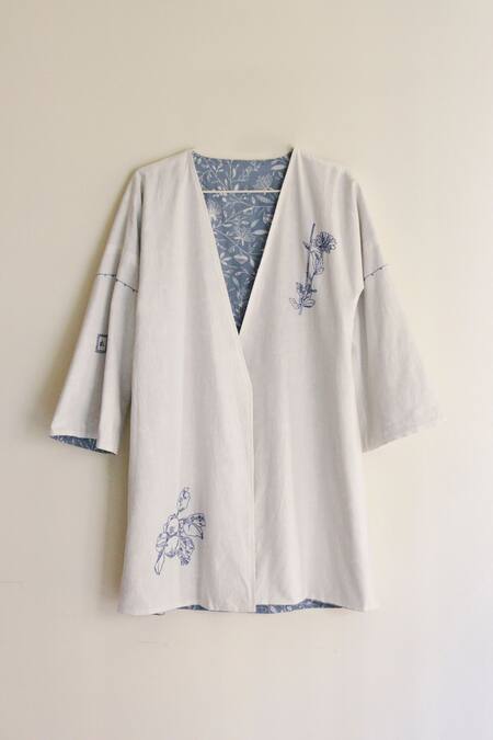 The Summer House_Blue Cotton, Linen Embroidery Open Neck Ewa Reversible Jacket _at_Aza_Fashions
