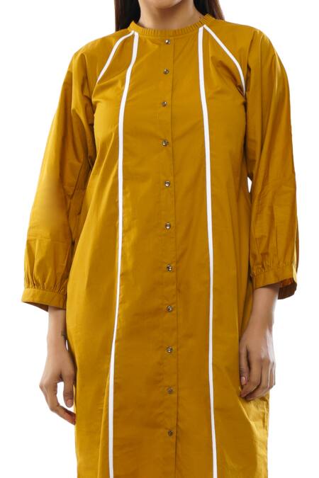 Buy_Khat_Yellow Cotton Asymmetric Frill Collar Dress And Pant Set 