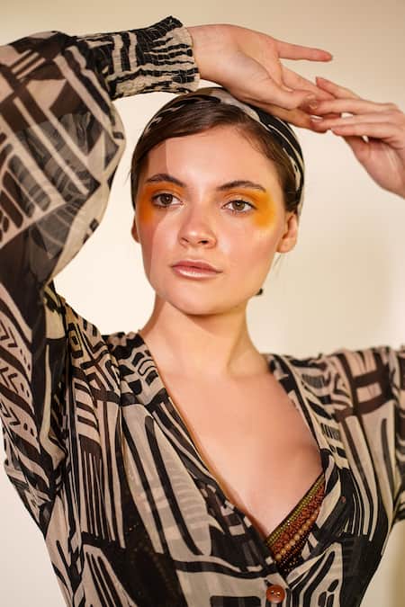 Nikita Mhaisalkar_White Crepe V-neck Abstract Print Shirt _at_Aza_Fashions