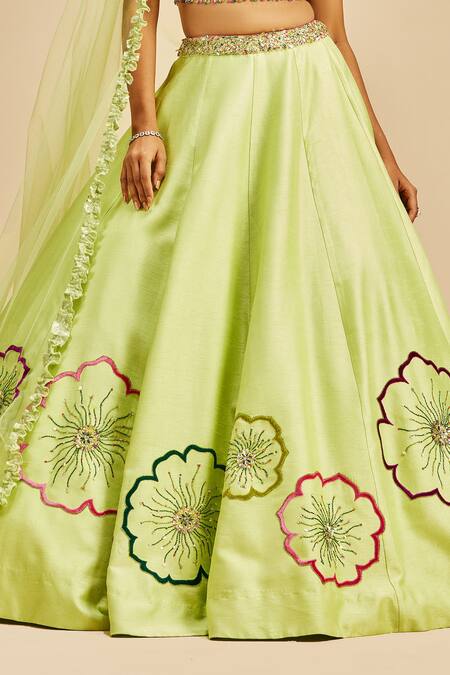 Nitika Gujral Green Lehenga And Blouse Raw Silk & Dupatta Net Embroidery Floral Applique Set Online at Aza Fashions Nitika Gujral_Green Lehenga And Blouse Raw Silk & Dupatta Net Embroidery Floral Applique Set _Online_at_Aza_Fashions