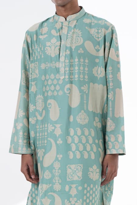 Siddhartha Bansal_Green Cotton, Chanderi Sea Surf Printed Kurta Set _Online_at_Aza_Fashions
