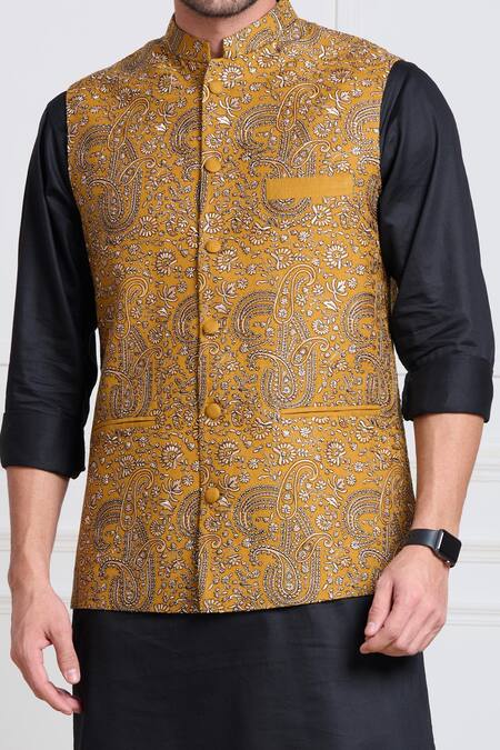 Buy_Taroob_Yellow Pashmina, Wool Embroidery Bundi_Online_at_Aza_Fashions