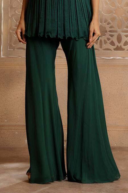 Omana By Ranjana Bothra_Emerald Green Chiffon, Pankhi Zardozi Peplum Top And Bell Bottom Pant Set _Online_at_Aza_Fashions