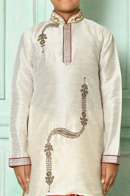 Petite Pomme_Off White Silk Beads, Stones Work Kurta And Contrast Dhoti Pant Set _Online_at_Aza_Fashions