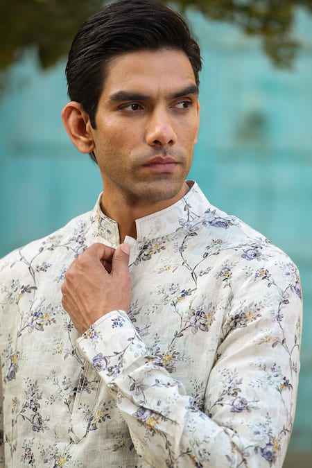 Shop_Raw & Rustic By Niti Bothra_Purple Cotton, Linen Embroidery Floral Printed Kurta Set With Bundi _Online_at_Aza_Fashions