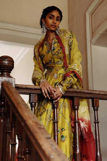 Shop_Archana Jaju_Yellow Pure Silk And Cotton Lycra Aari & Sequin, Hand Painted Anarkali Set_Online_at_Aza_Fashions