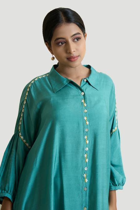 Shop_Brij_Blue Silk Pearls Shawl Neck Work Box Fit Tunic And Pant Set _Online_at_Aza_Fashions