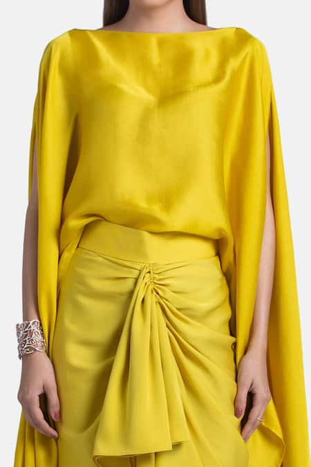 431-88 By Shweta Kapur_Yellow Silk Slit Sleeve Cape_Online_at_Aza_Fashions