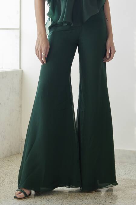 Mishru_Green Organza, Chanderi Silk Embroidery Round Neck Madison Pant Set With Bib _Online_at_Aza_Fashions