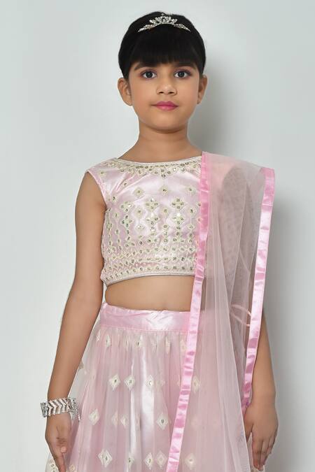 Petite Pomme_Pink Net Sequins Geometric Cluster Embellished Lehenga Set_Online_at_Aza_Fashions