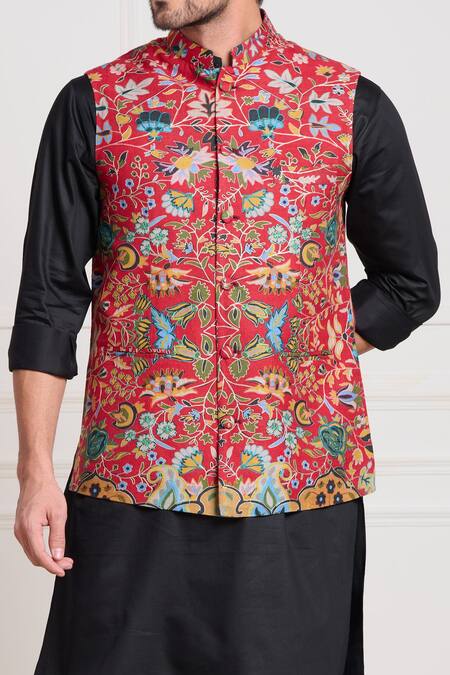 Shop_Taroob_Red Wool Embroidery Floral Bundi _Online_at_Aza_Fashions