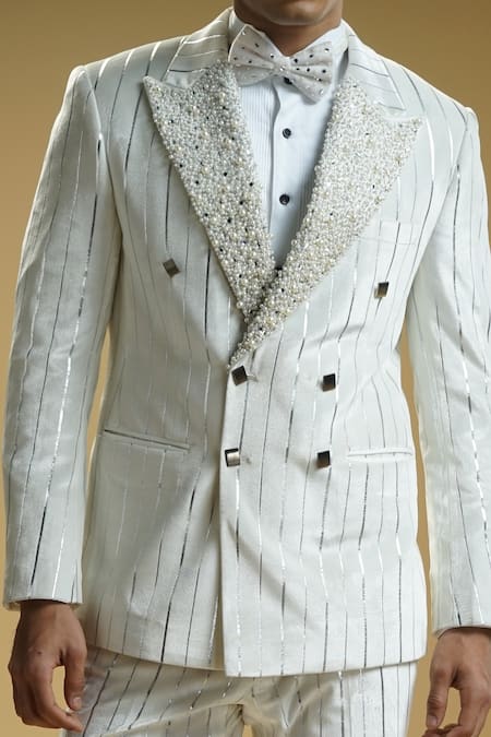 Kommal Sood White Velvet Stripe Pattern And Pearl Embroidered Blazer Trouser Set Online at Aza Fashions Kommal Sood_White Velvet Stripe Pattern And Pearl Embroidered Blazer Trouser Set _Online_at_Aza_Fashions