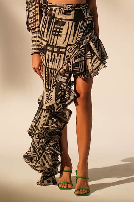 Nikita Mhaisalkar_White Organza Abstract Print Ruffle Skirt _Online_at_Aza_Fashions