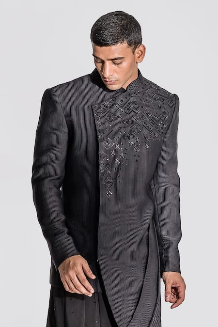 Buy_Asuka_Black Wool, Satin Embroidery Pintuck Achkan Set _Online_at_Aza_Fashions