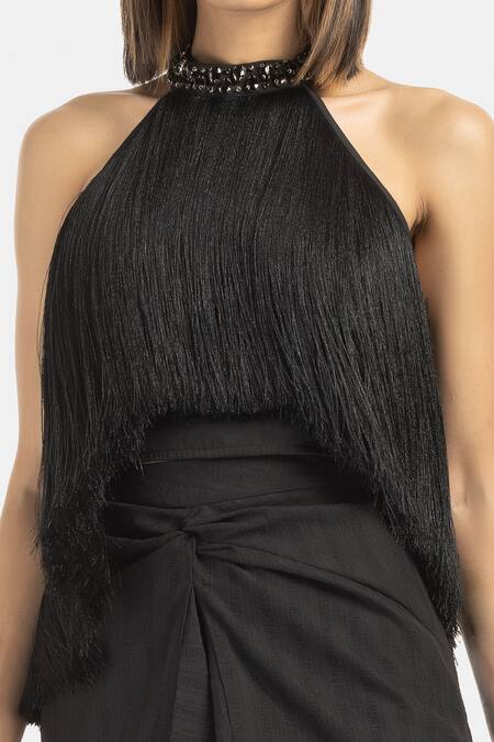 431-88 By Shweta Kapur Black Satin Fringe, Stones Halter Neck Tasselled Top Online at Aza Fashions 431-88 By Shweta Kapur_Black Satin Fringe, Stones Halter Neck Tasselled Top_Online_at_Aza_Fashions