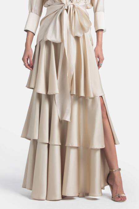 431-88 By Shweta Kapur Beige Satin Multi Layered Skirt Online at Aza Fashions 431-88 By Shweta Kapur_Beige Satin Multi Layered Skirt_Online_at_Aza_Fashions