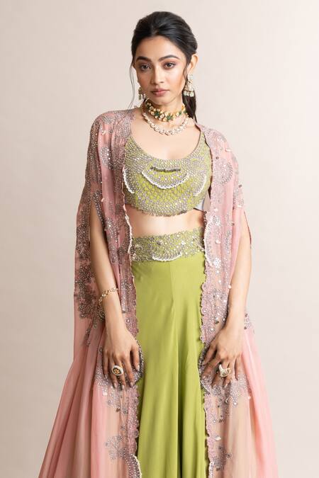 Nupur Kanoi_Green Crepe, Satin Mirrors, Waistband Embroidered Sharara Set With Contrast Cape _Online_at_Aza_Fashions