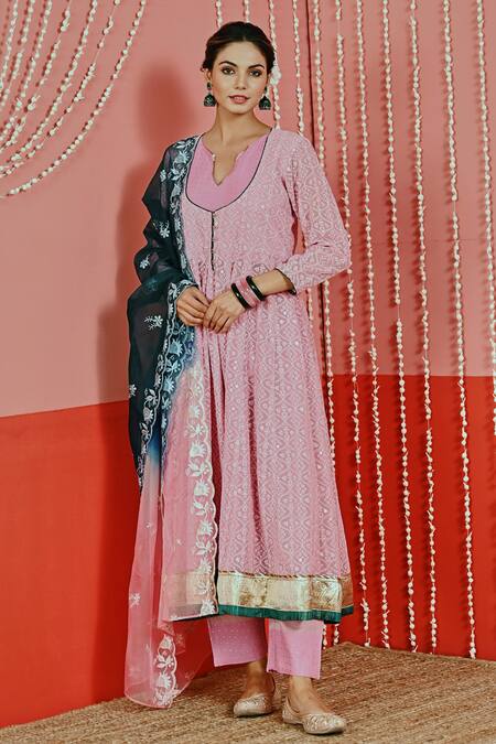 Myaara Pink Georgette, Cotton, Organza Sequins, Embroidery Split V-neck Anarkali Set Online at Aza Fashions Myaara_Pink Georgette, Cotton, Organza Sequins, Embroidery Split V-neck Anarkali Set _Online_at_Aza_Fashions