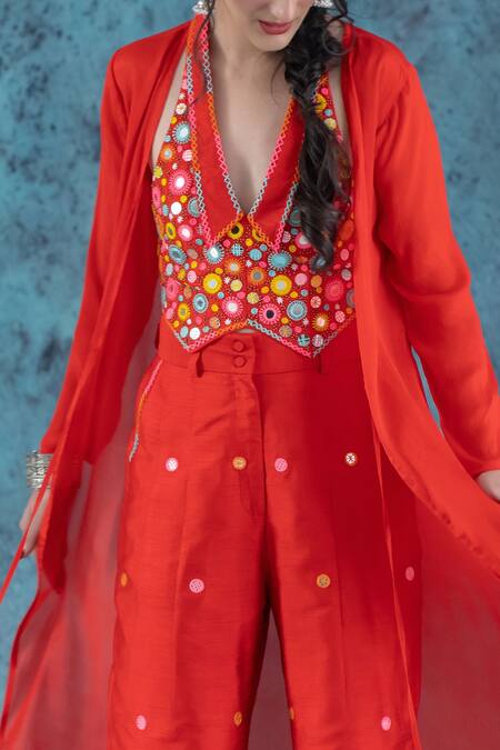 Kacha Tanka Red Dupion Art Silk Embroidery Floral Lapel Mirror And Thread Crop Top Cape Set Online at Aza Fashions Kacha Tanka_Red Dupion Art Silk Embroidery Floral Lapel Mirror And Thread Crop Top Cape Set _Online_at_Aza_Fashions