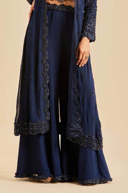 Nitika Gujral Blue Georgette Embroidery Sequin Leaf Neck Jacket And Sharara Set Online at Aza Fashions Nitika Gujral_Blue Georgette Embroidery Sequin Leaf Neck Jacket And Sharara Set _Online_at_Aza_Fashions